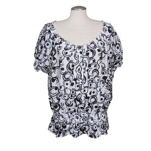 Marina Luna NEW Linen Top Womens 2X Black White Geometric Print Puff Sleeve Boho